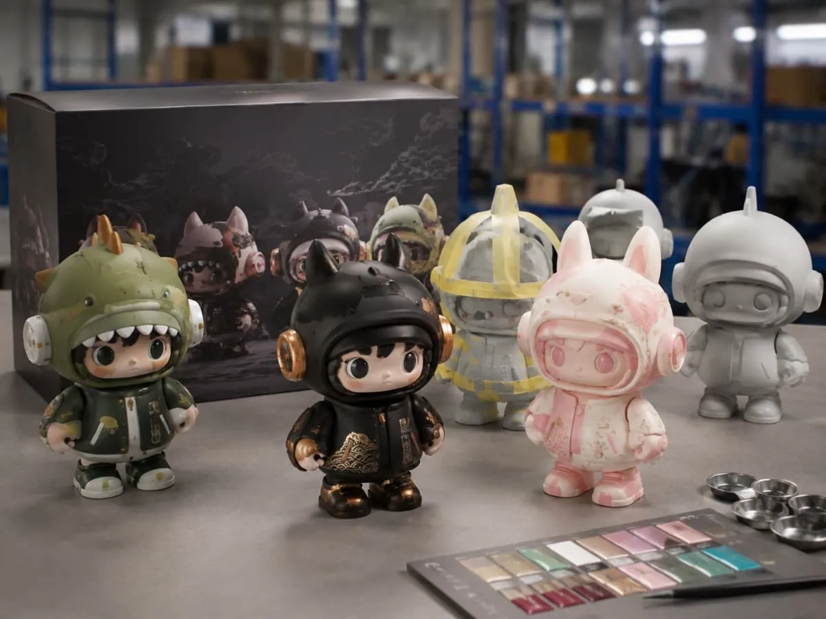 Custom vinyl and designer toys with stylized forms, hollow construction