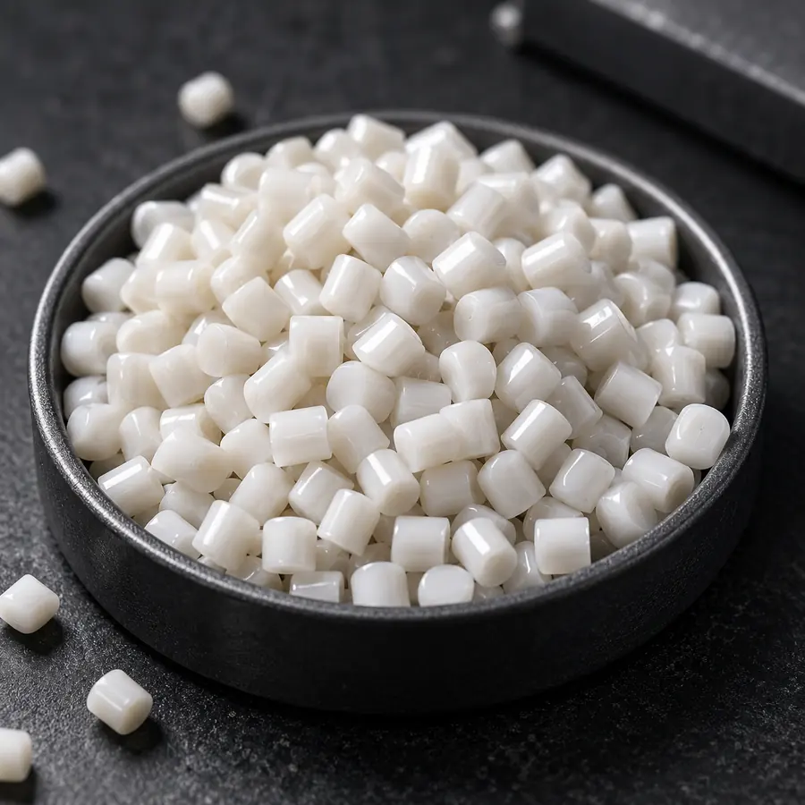 White ABS plastic pellets in a black tray for custom figure and model kit manufacturing