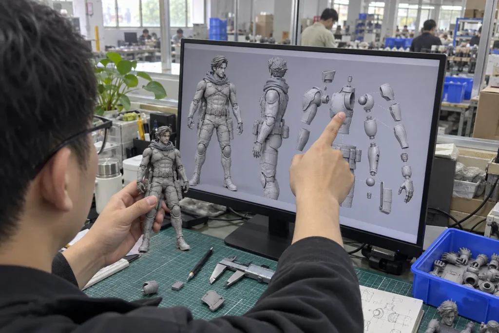 Character artwork and production-minded 3D figure model under review