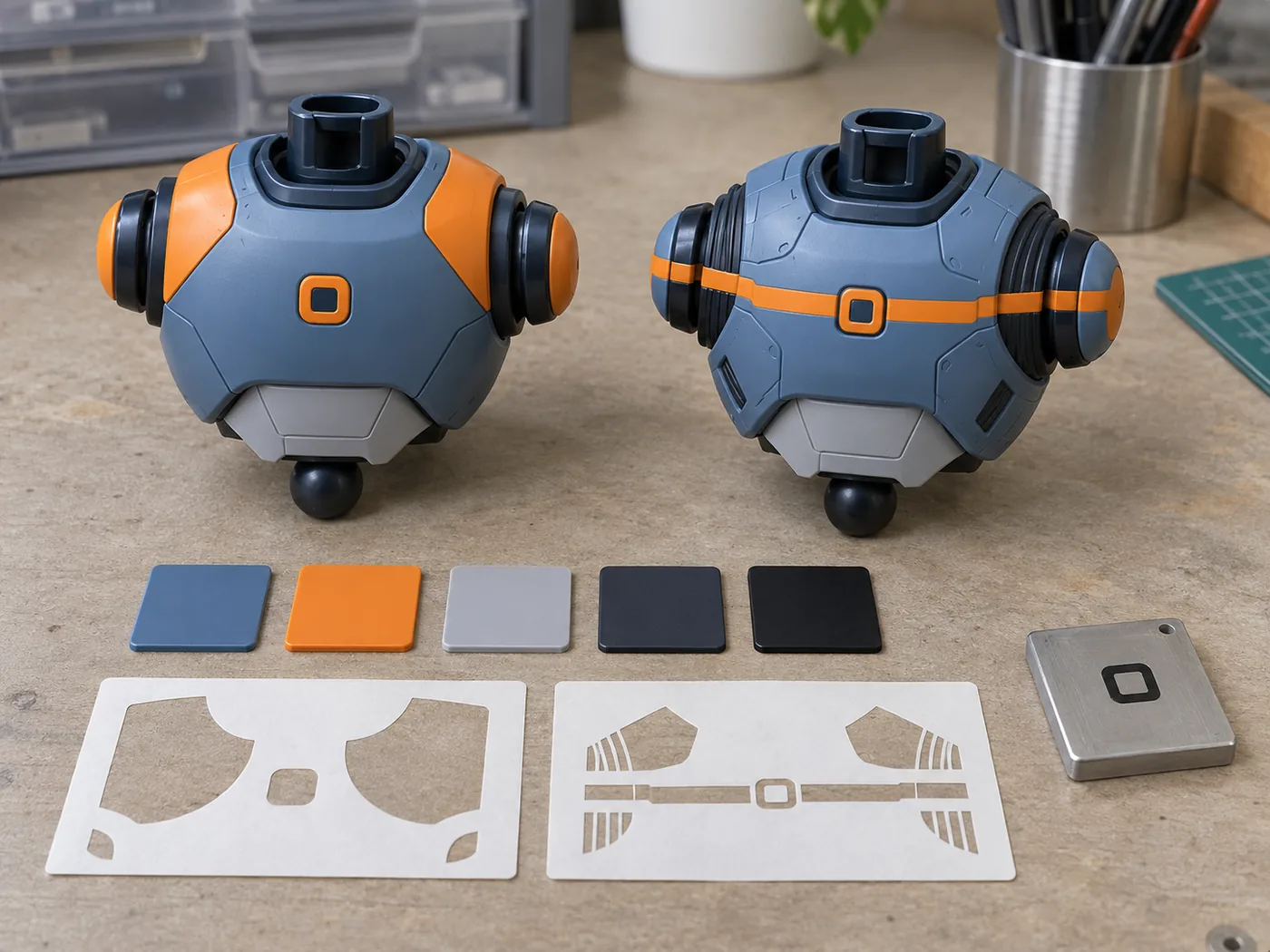 Fictional action figure parts beside paint references, color swatches and pad-print artwork during decoration review