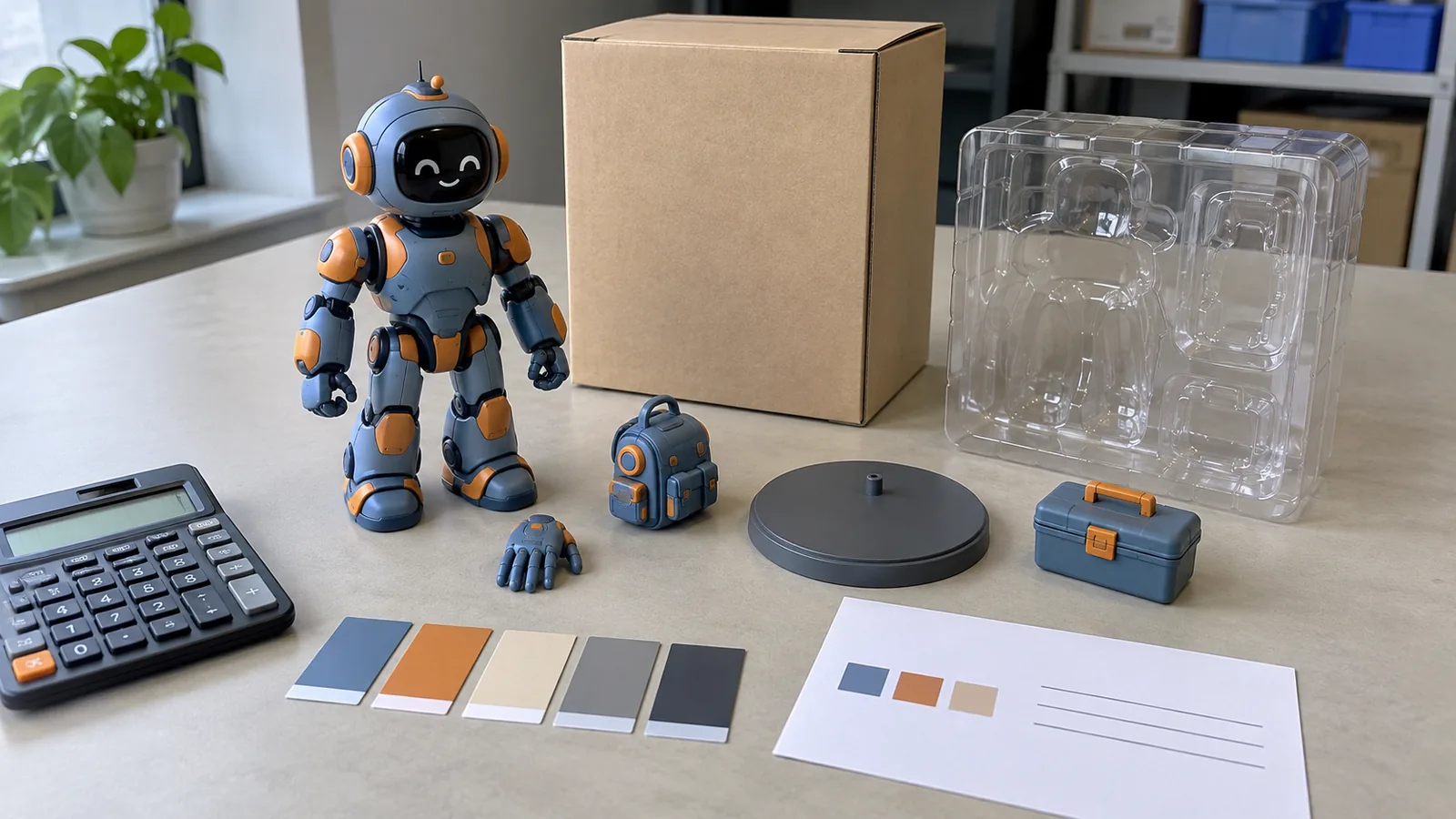 Action figure components and planning documents prepared for manufacturing cost review