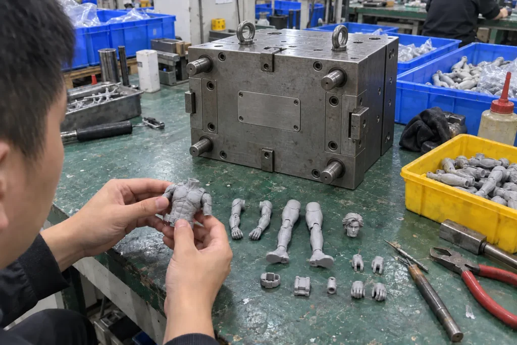 Action figure production mold and trial parts under inspection