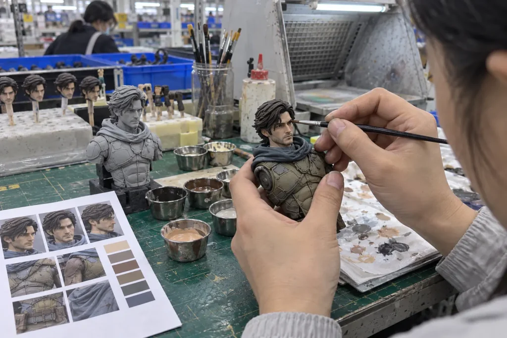 Painted figure sample inspected against approved color references