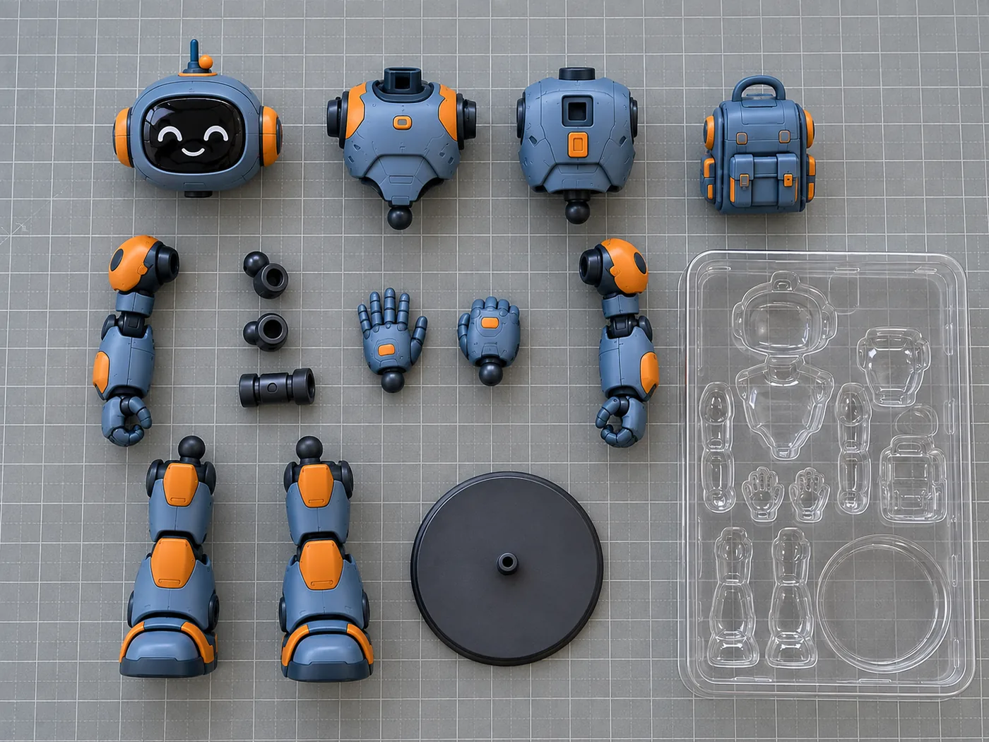 Disassembled fictional robot action figure with separate body parts, joints, backpack and clear packaging tray