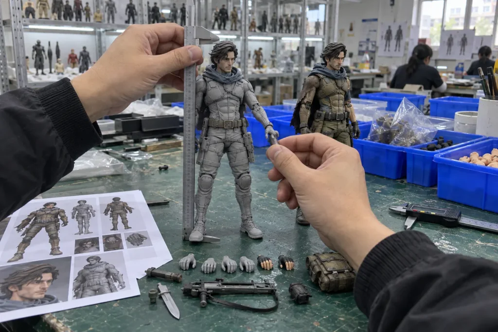 Physical action figure prototype checked before production tooling