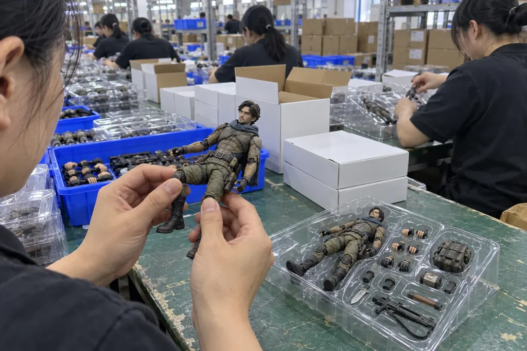 Finished custom action figures checked before retail packing