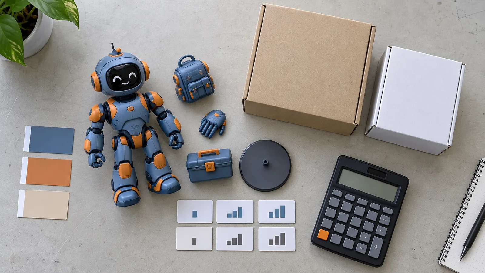 Action figure parts, packaging notes and quantity planning materials arranged for a manufacturing quote review
