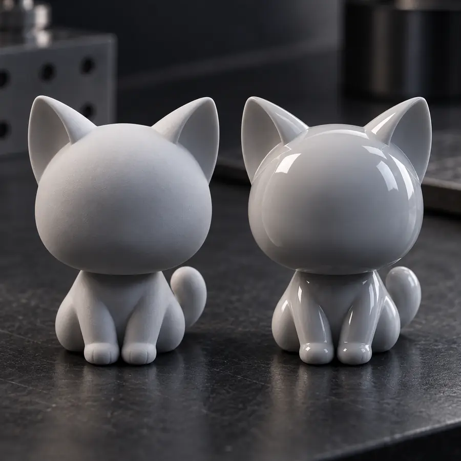 Comparison of matte and gloss surface finishes on two cat figure samples
