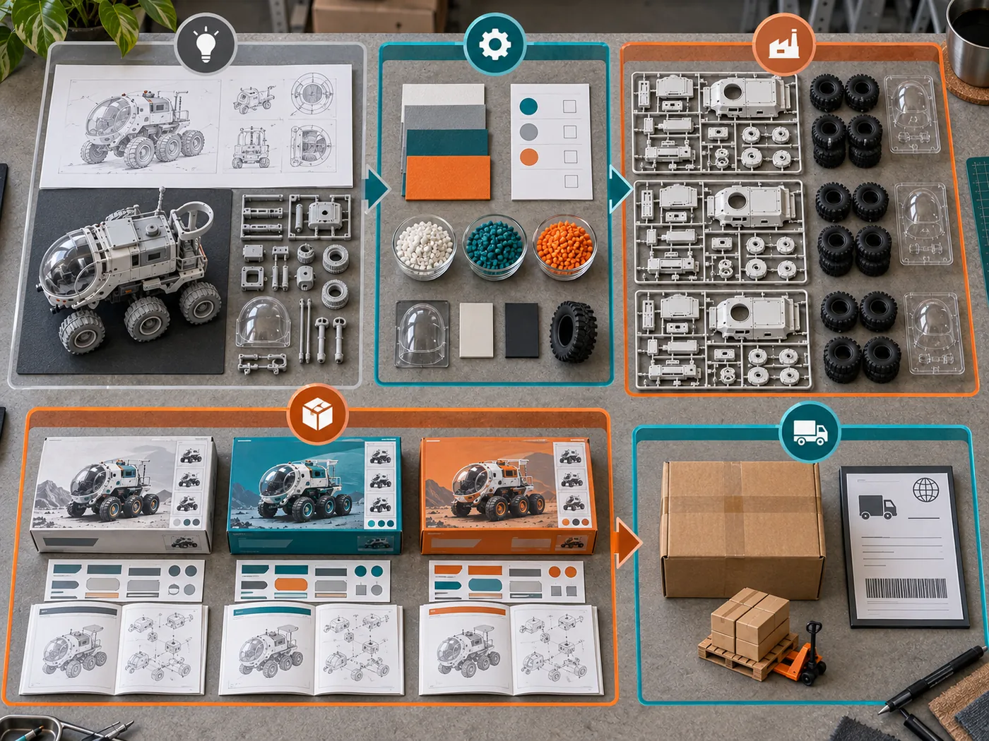 Model kit project materials grouped into one-time, order setup, per-kit, variant and buyer-side cost categories