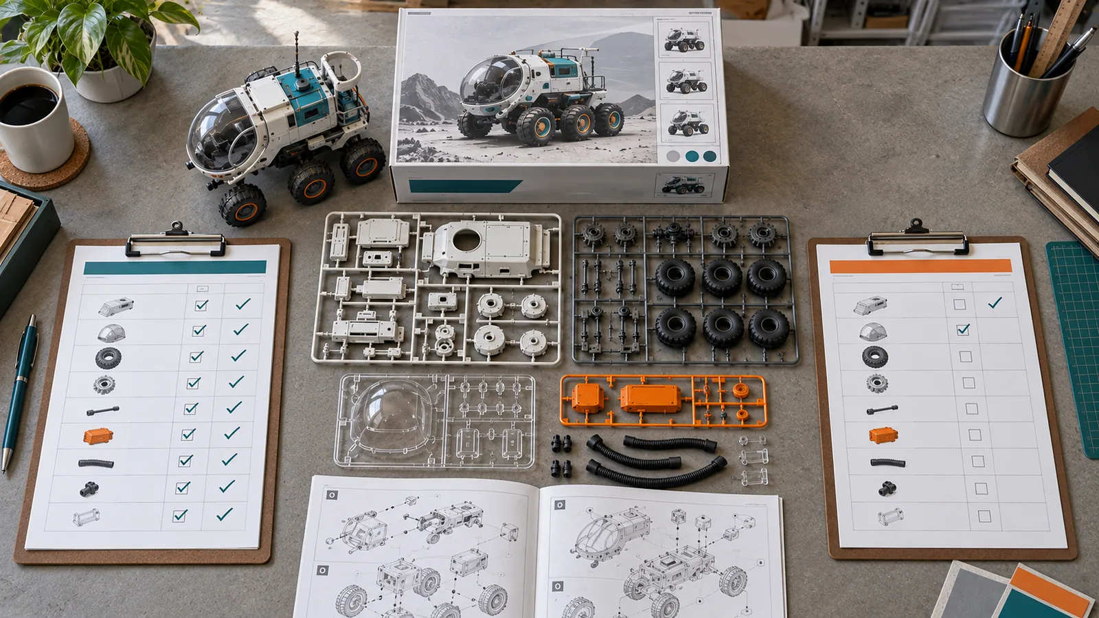 Model kit parts, packaging samples and two quotation worksheets arranged for a manufacturing cost review