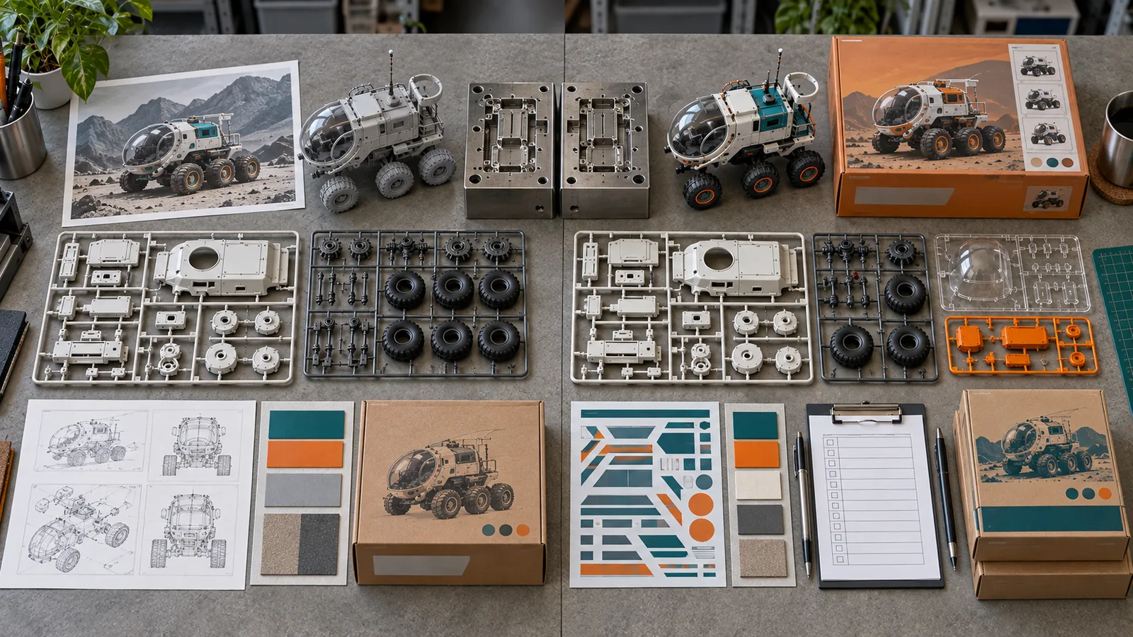 First model kit order and repeat order materials compared with reused tooling and changed color and packaging items