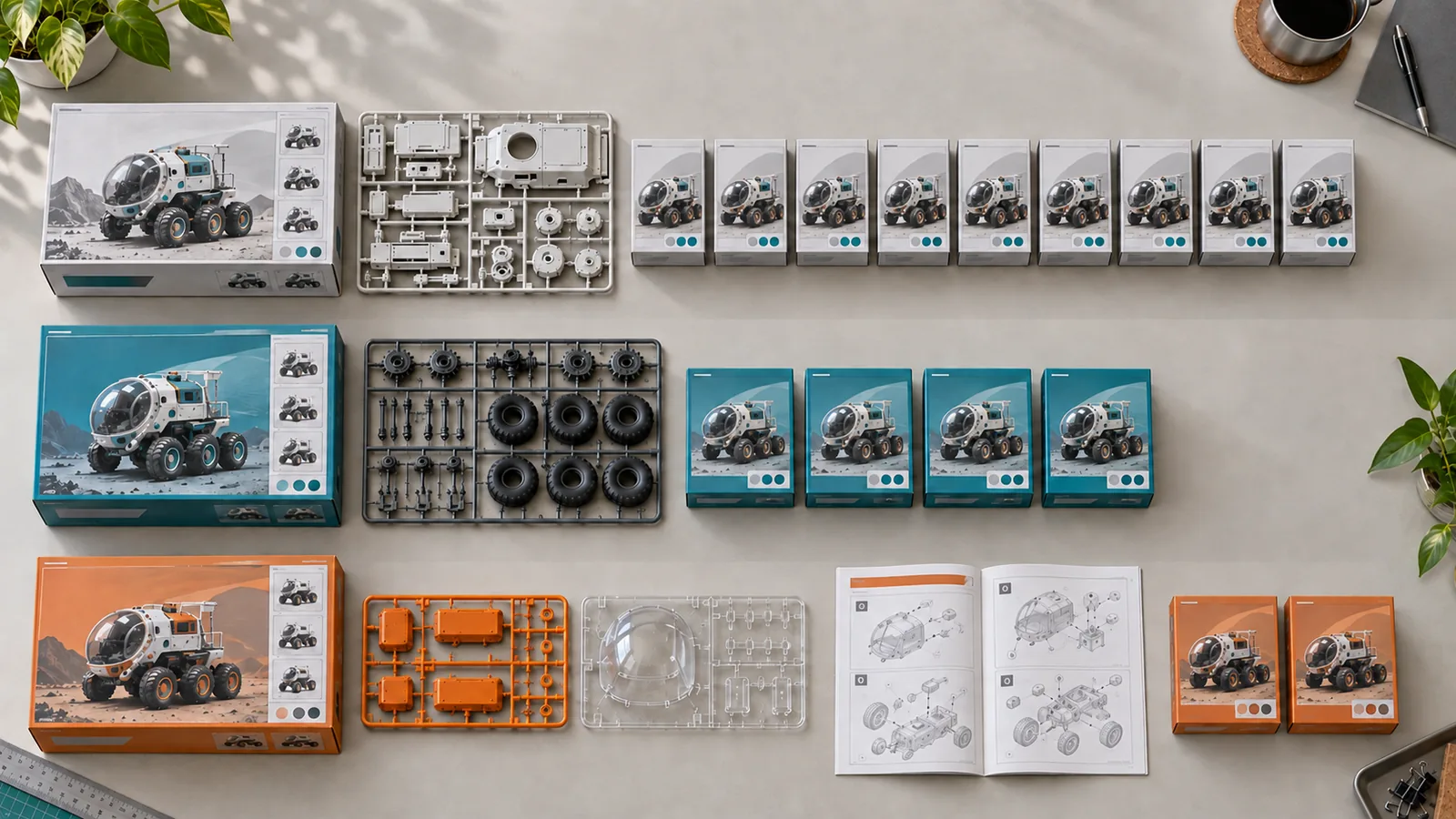 Three model kit SKU groups arranged in a 900, 400 and 200 unit planning split