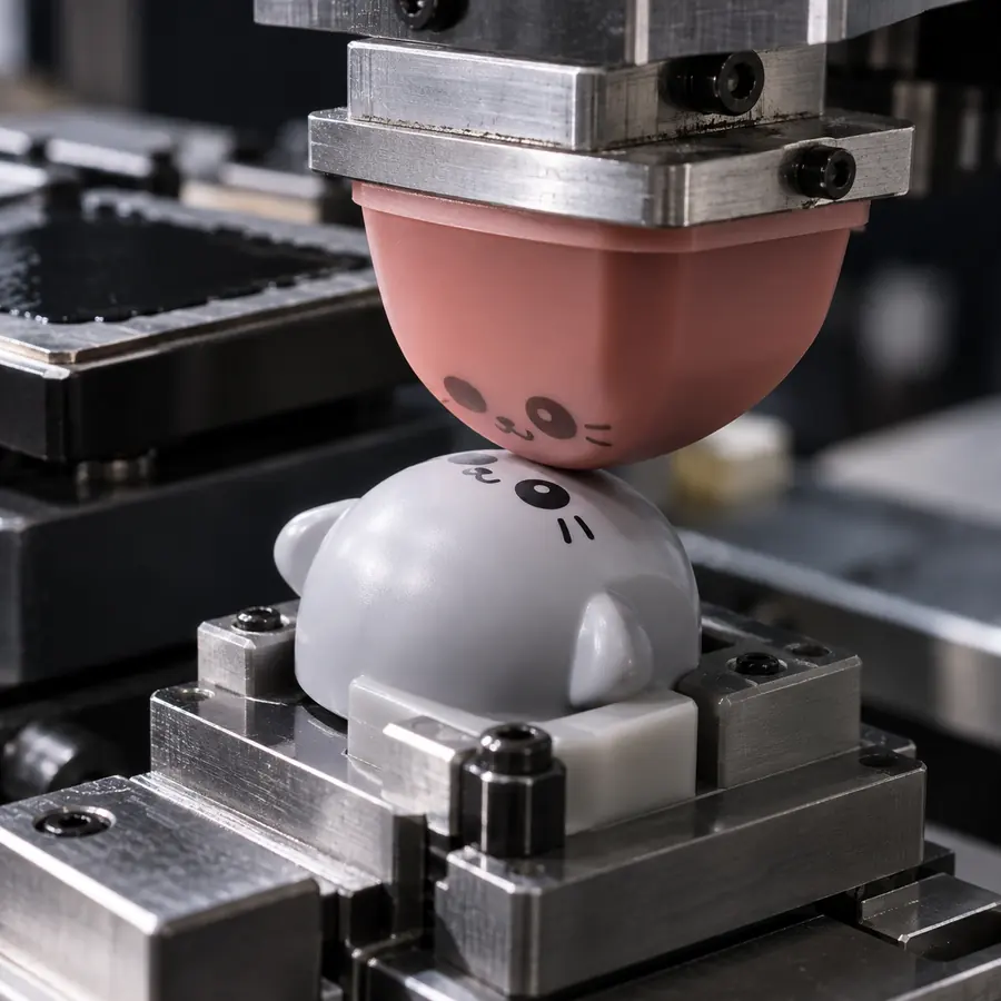 Pad printing process applying facial details onto a custom toy part