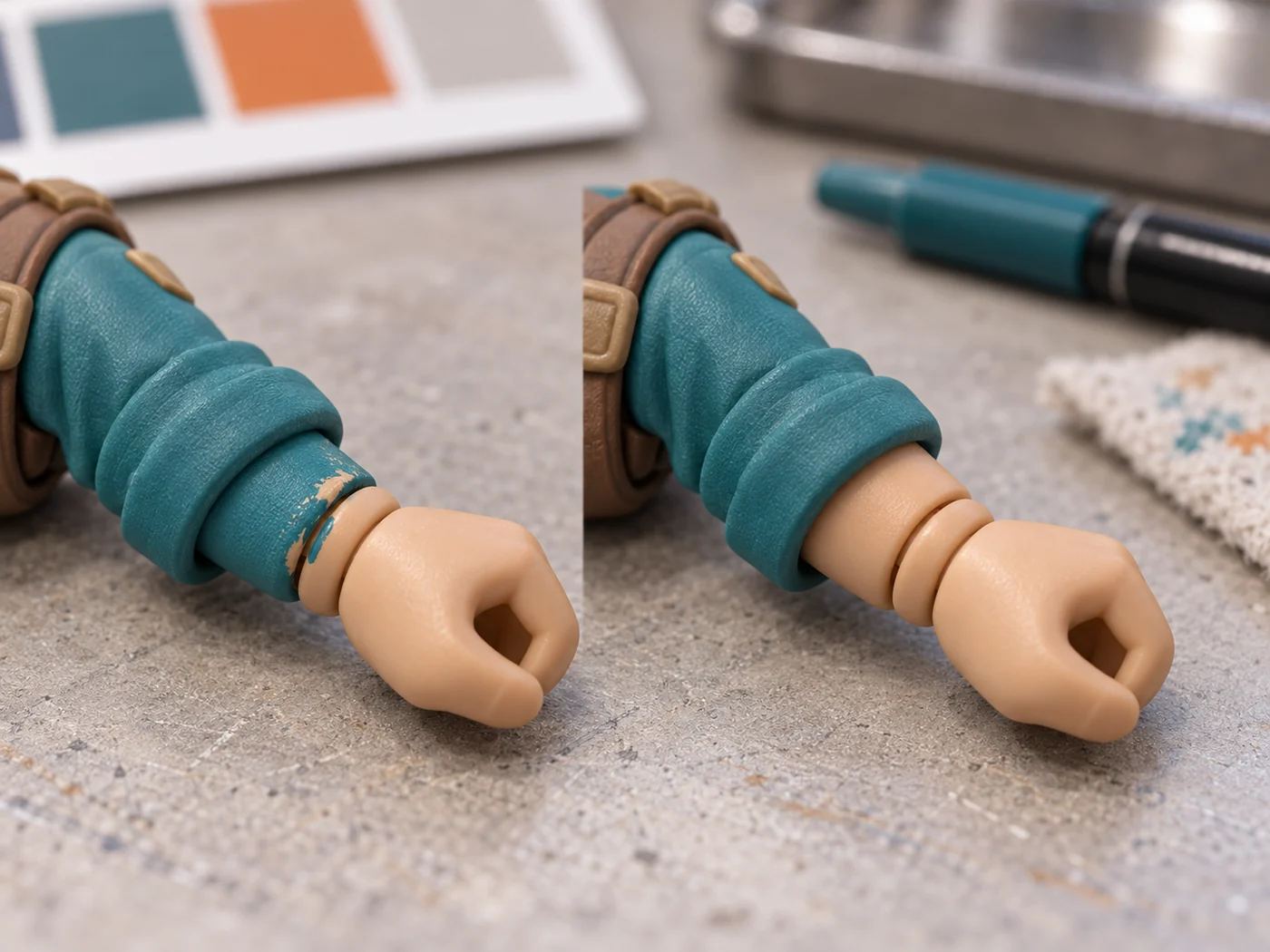 Close-up comparison of paint bridging a wrist joint and a corrected clean paint boundary