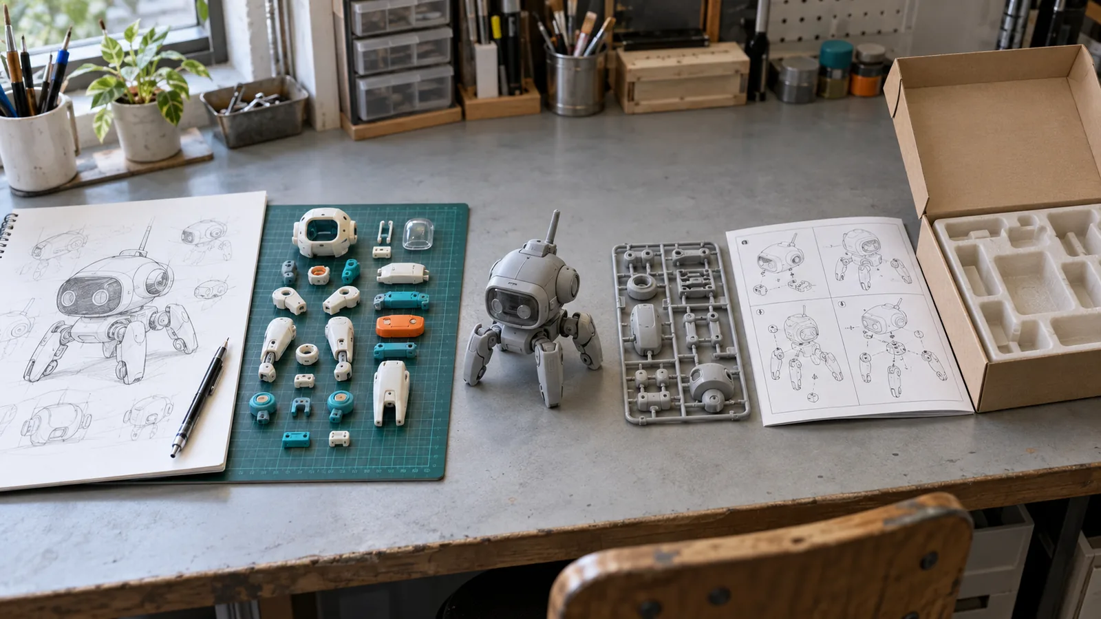 Plastic model kit development materials from concept reference to engineered parts, prototype and boxed kit