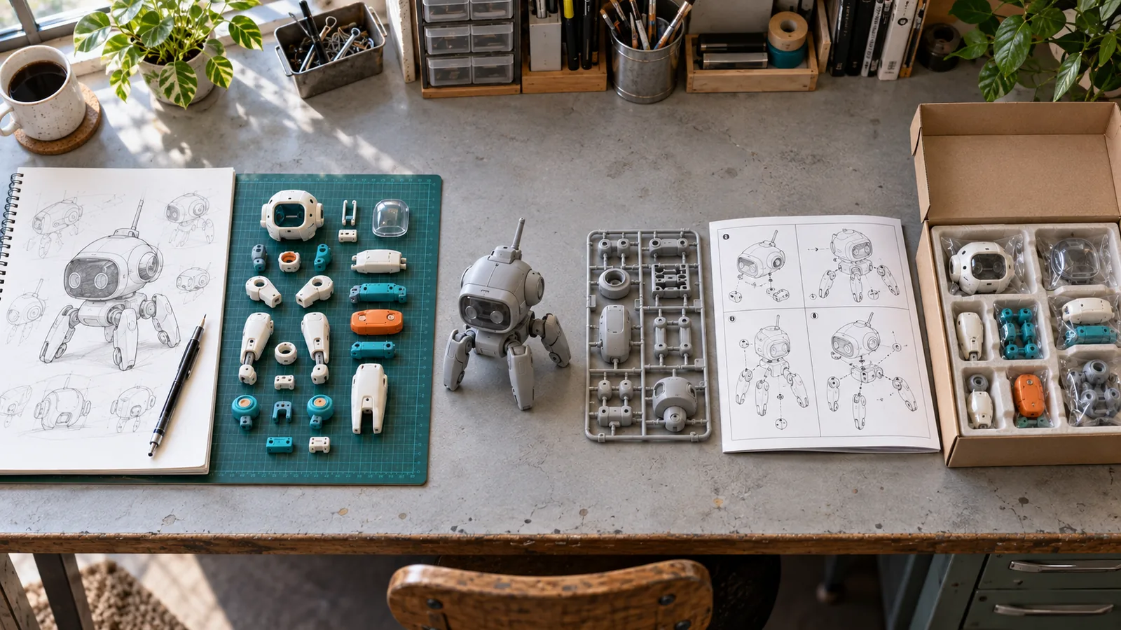 Plastic model kit concept, engineered parts, prototype, tool-trial sprue and packaging arranged in development order