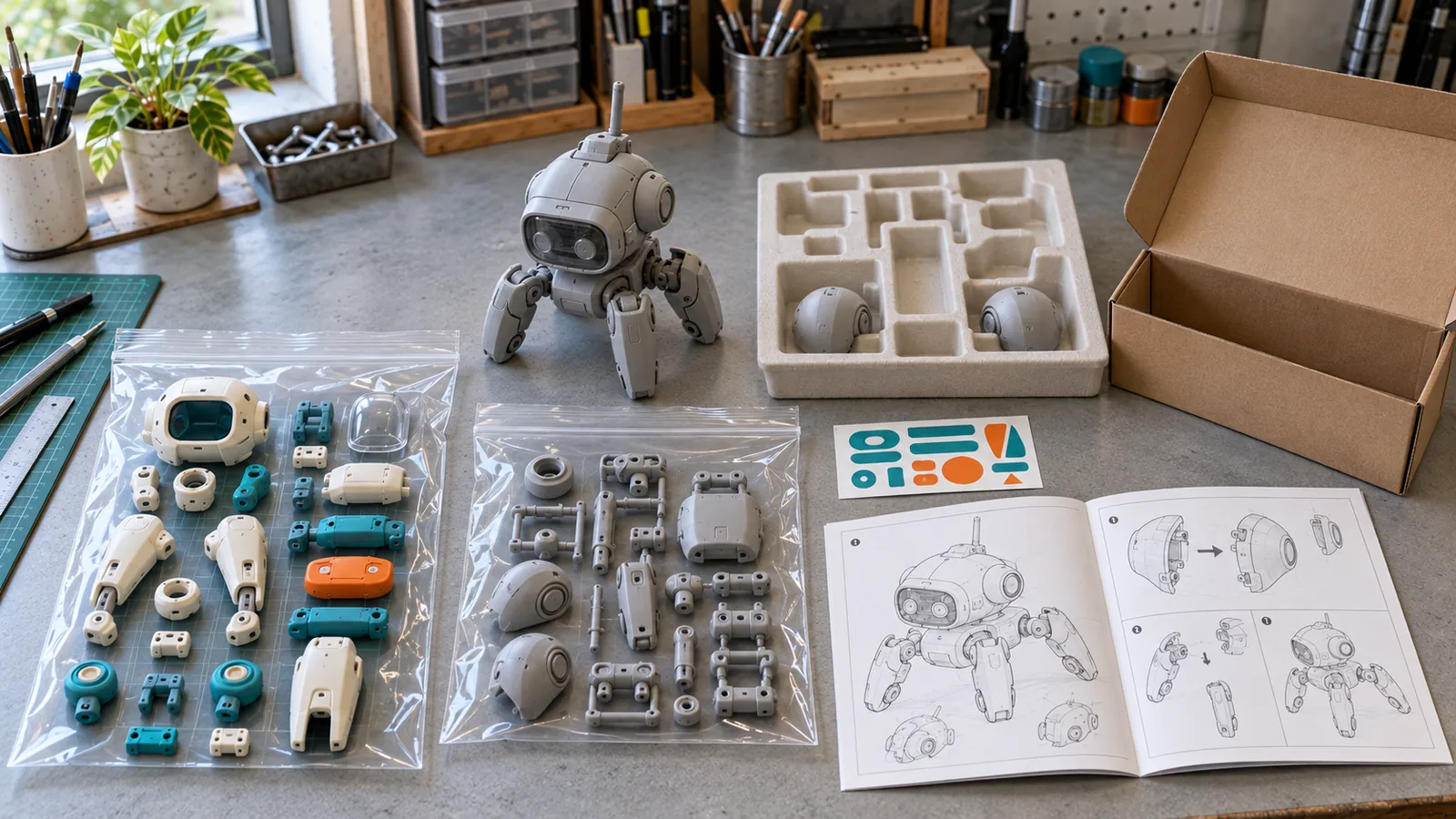 Plastic model kit parts, instruction drawings, decal sheet and packaging components checked together before pack-out