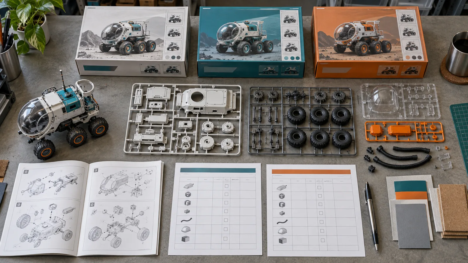 Plastic model kit parts, sprues, packaging versions and quotation documents prepared for manufacturing cost planning