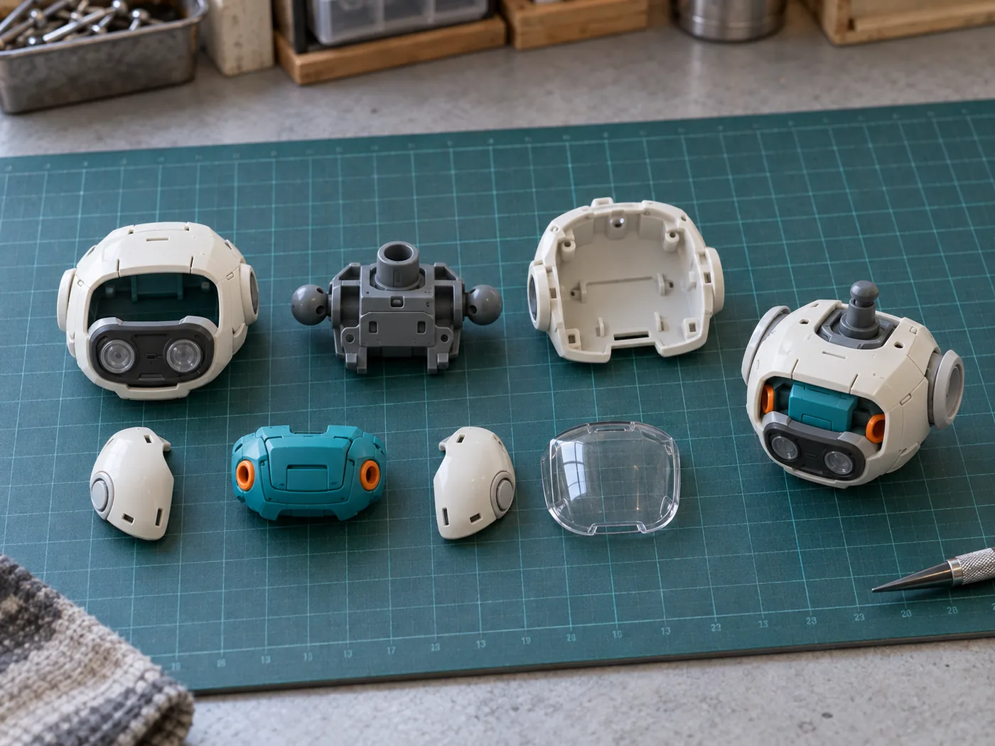 Original robot model kit main body separated into outer shells, color insert, clear canopy and internal connector for engineering review
