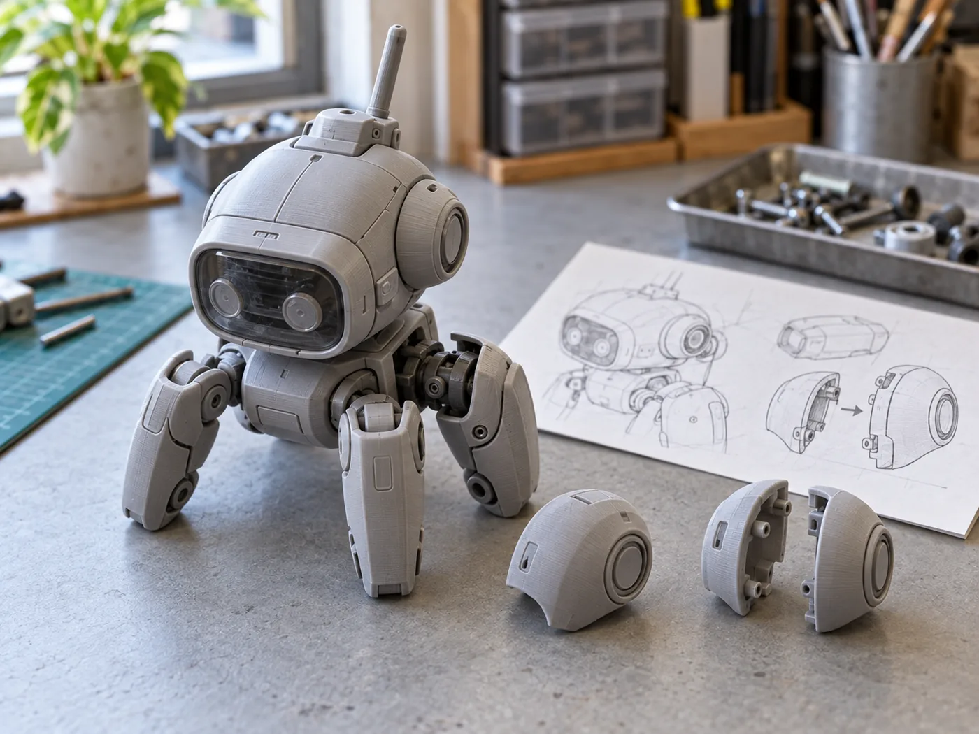 3D-printed mechanical model kit prototype with the shoulder shell removed to review access to an inner joint