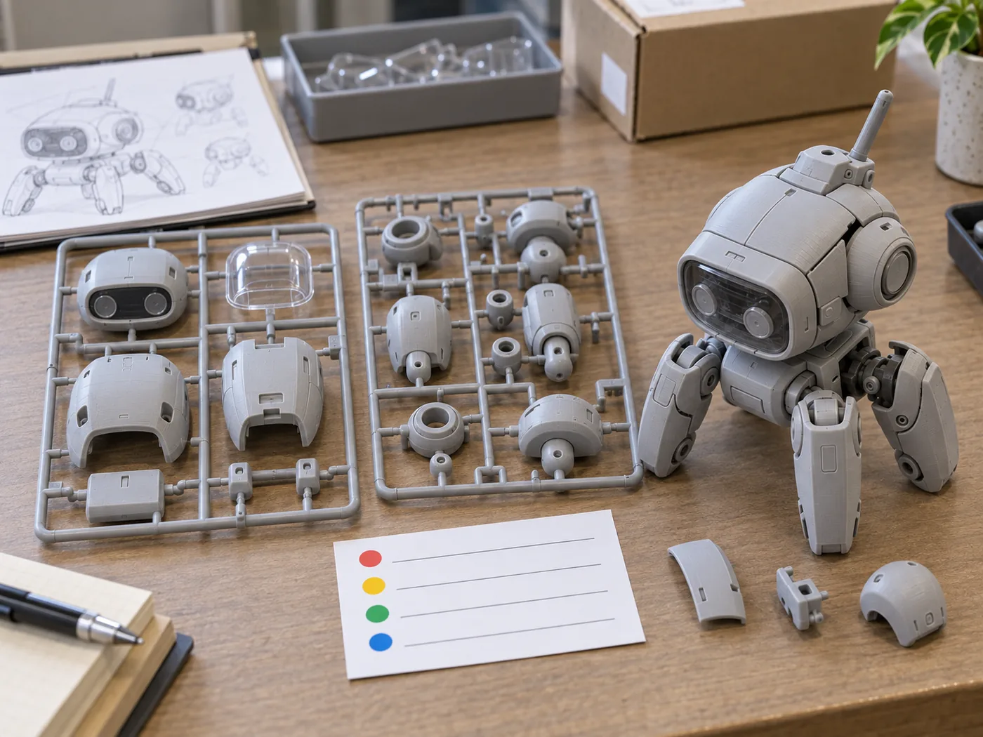 Tool-trial plastic model kit parts on sprues beside an assembled test section during fit and completeness review