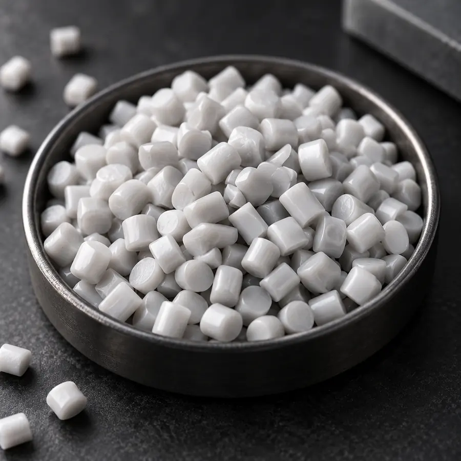 White and light gray PVC plastic pellets used for custom toy and figure production