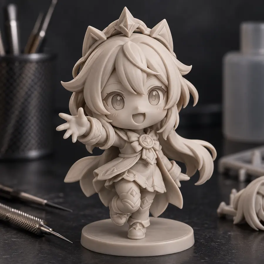 Gray resin figure prototype with fine details for collectible and prototype development