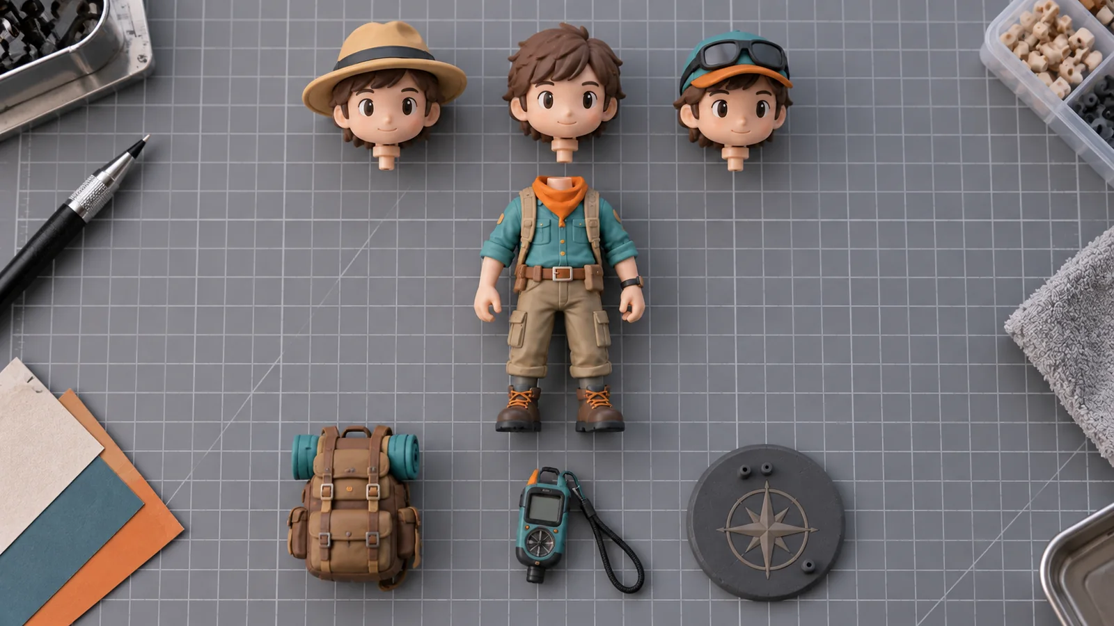 One shared character torso with three unique heads and three accessory sets arranged as separate approval groups