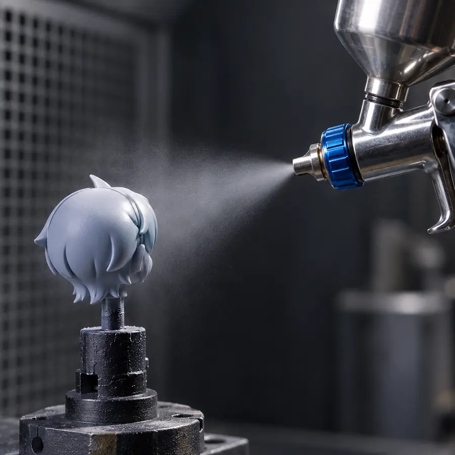 Spray painting process on a figure part during custom collectible finishing