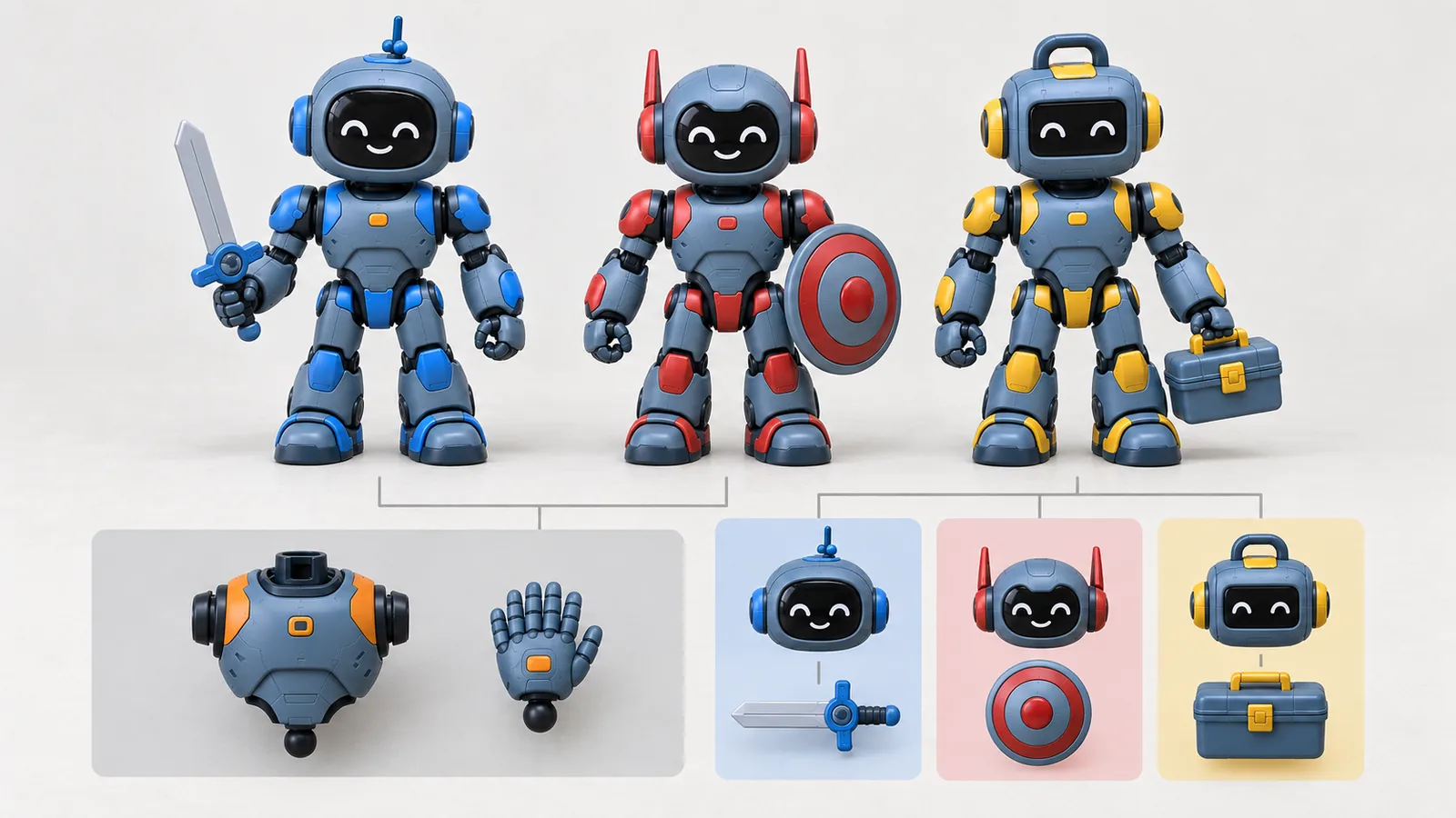 Three fictional action figure concepts with shared body parts and separate heads, accessories and colorways