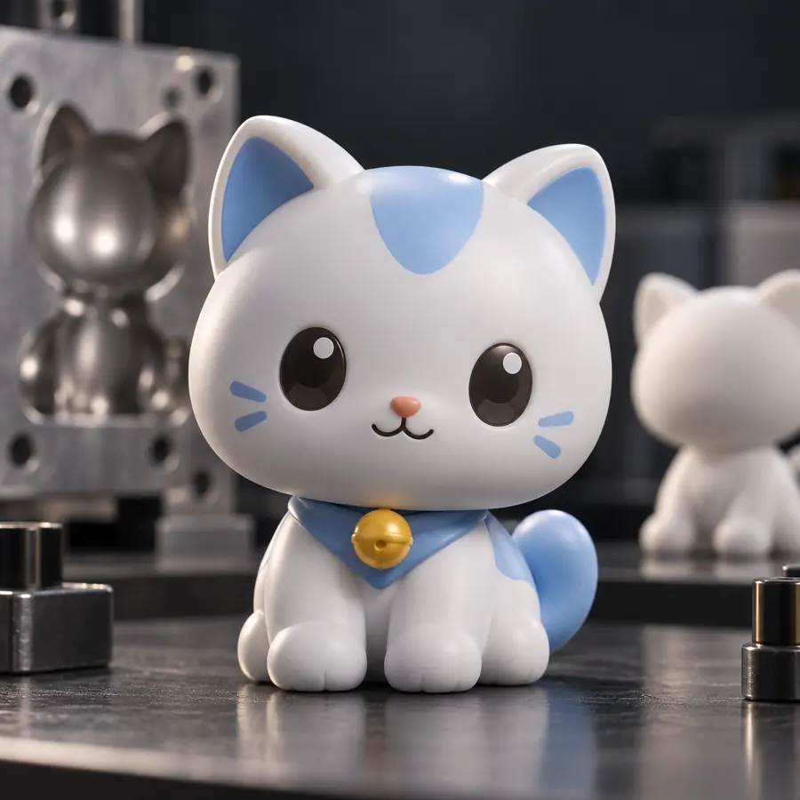 Cute vinyl cat figure shown as an example of vinyl material for collectible product manufacturing