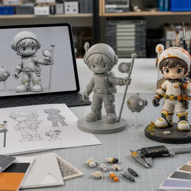 Custom figure design to prototype review with sketch, 3D model and finished sample